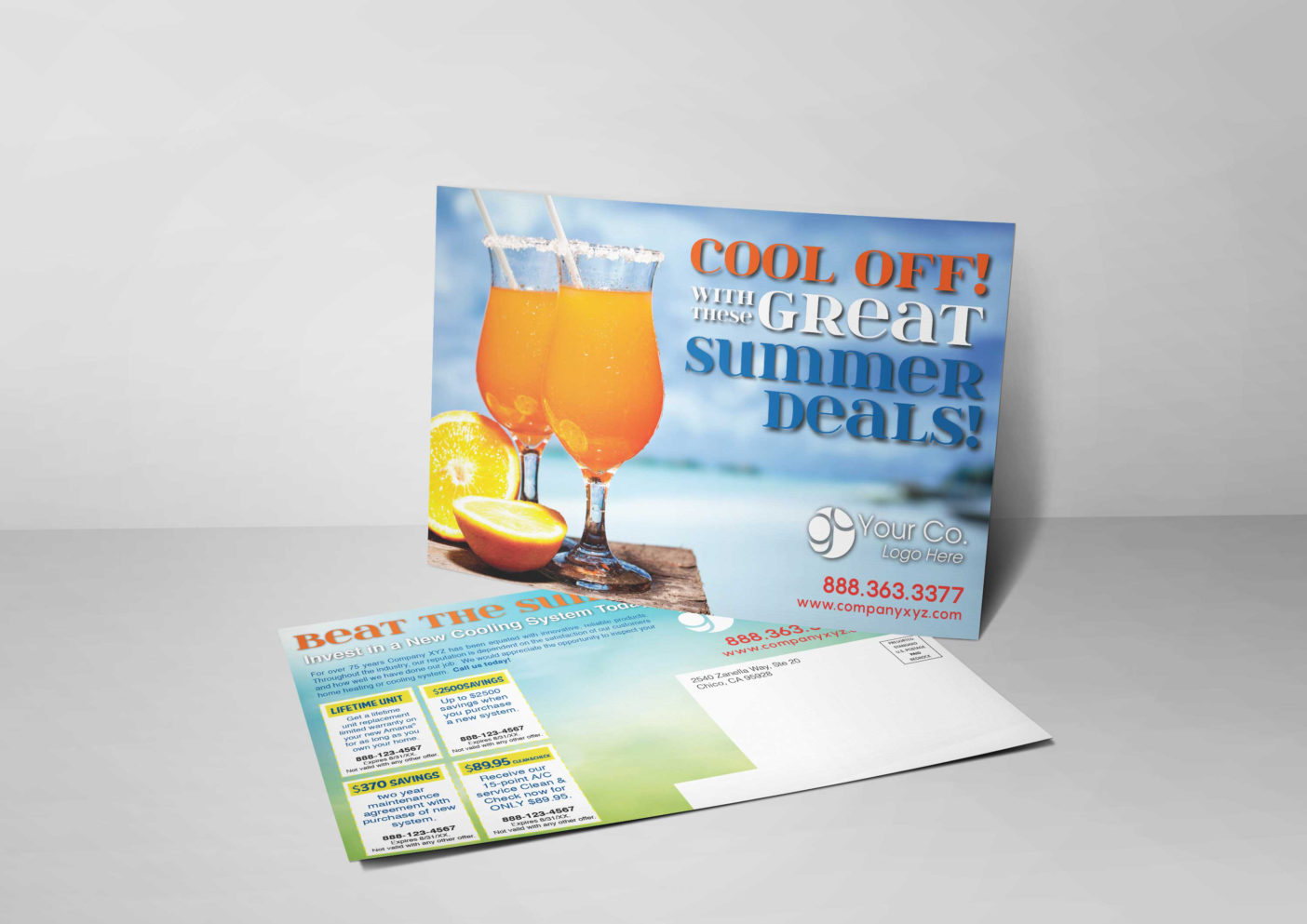 An HVAC marketing postcard for HVAC companies with a picture of margaritas on a hot summer day