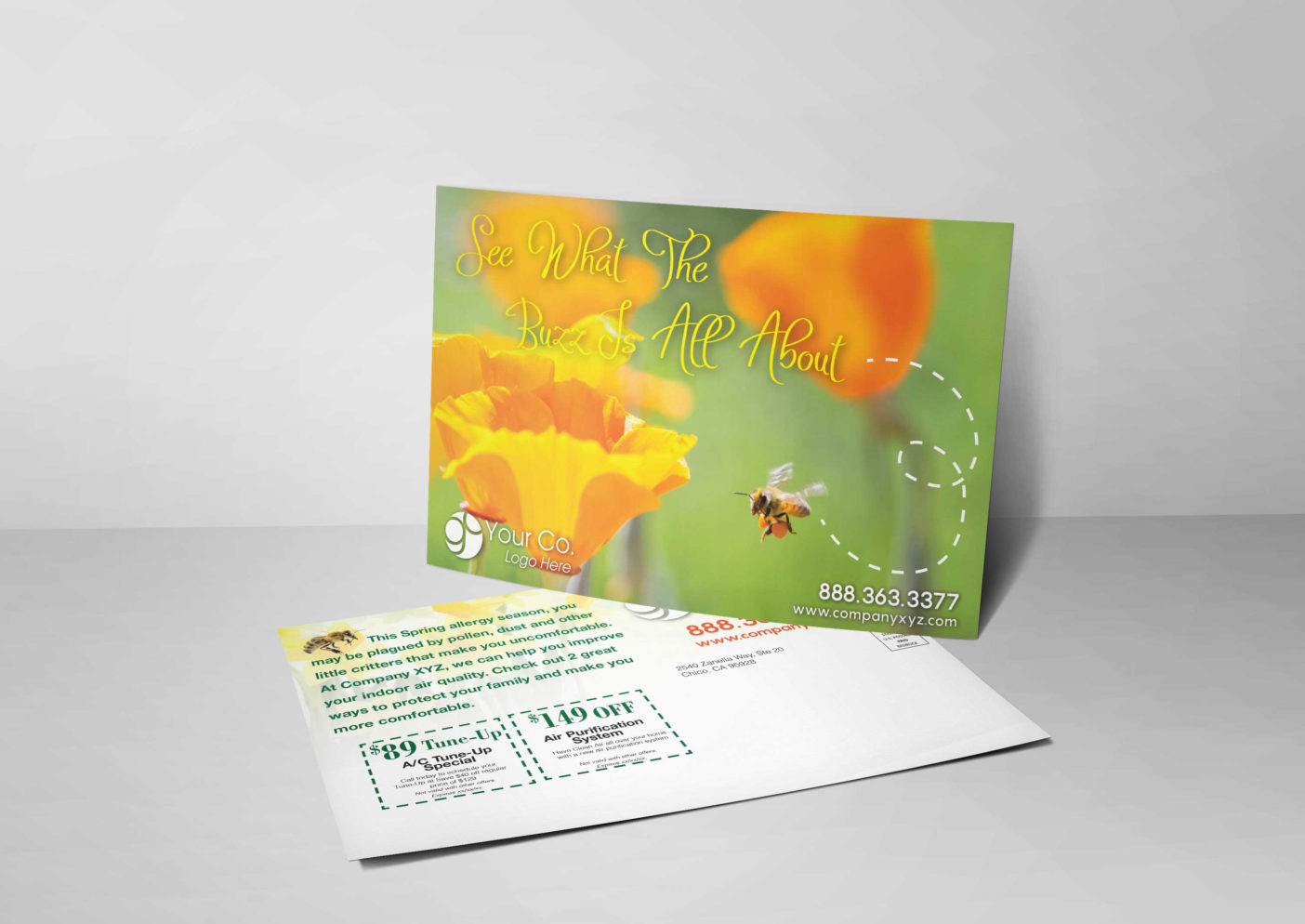 An HVAC marketing postcard for HVAC companies with a picture of a bee buzzing flowers in the summer.